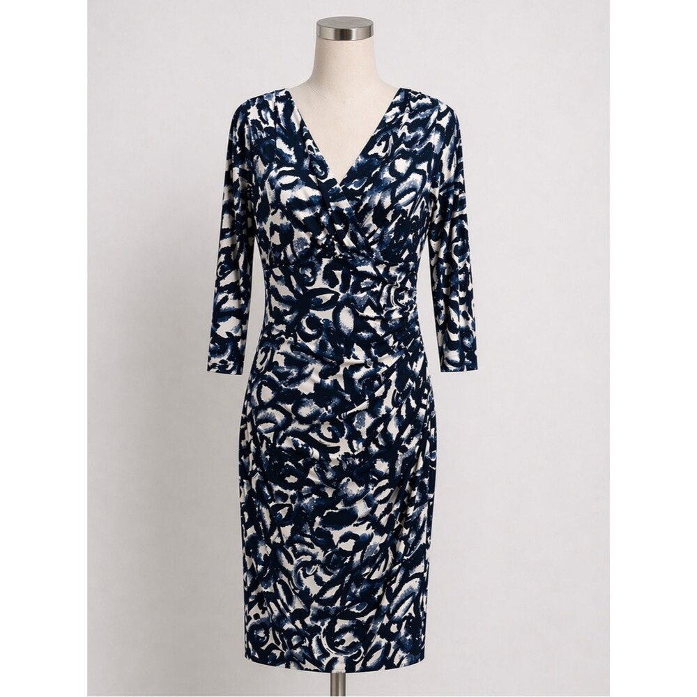 Ralph Lauren Faux Wrap Ruched Stretch Dress Abstract 3/4 Sleeve Blue White 8